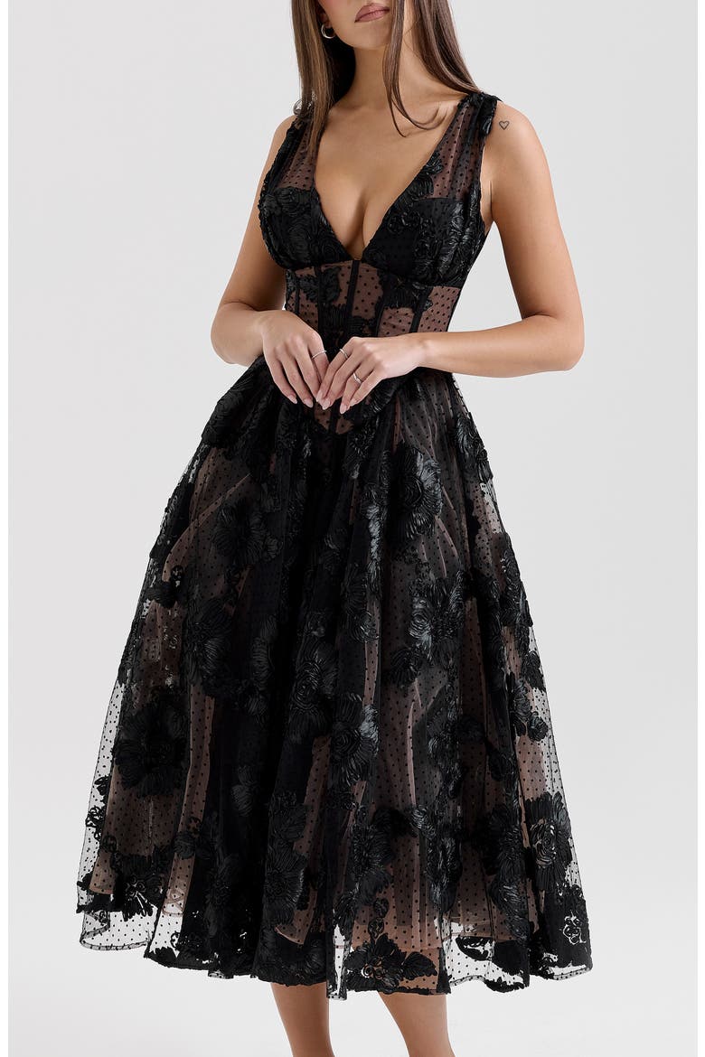 Sianna Lace Corset Cocktail Midi Dress, Alternate, color, BLACK