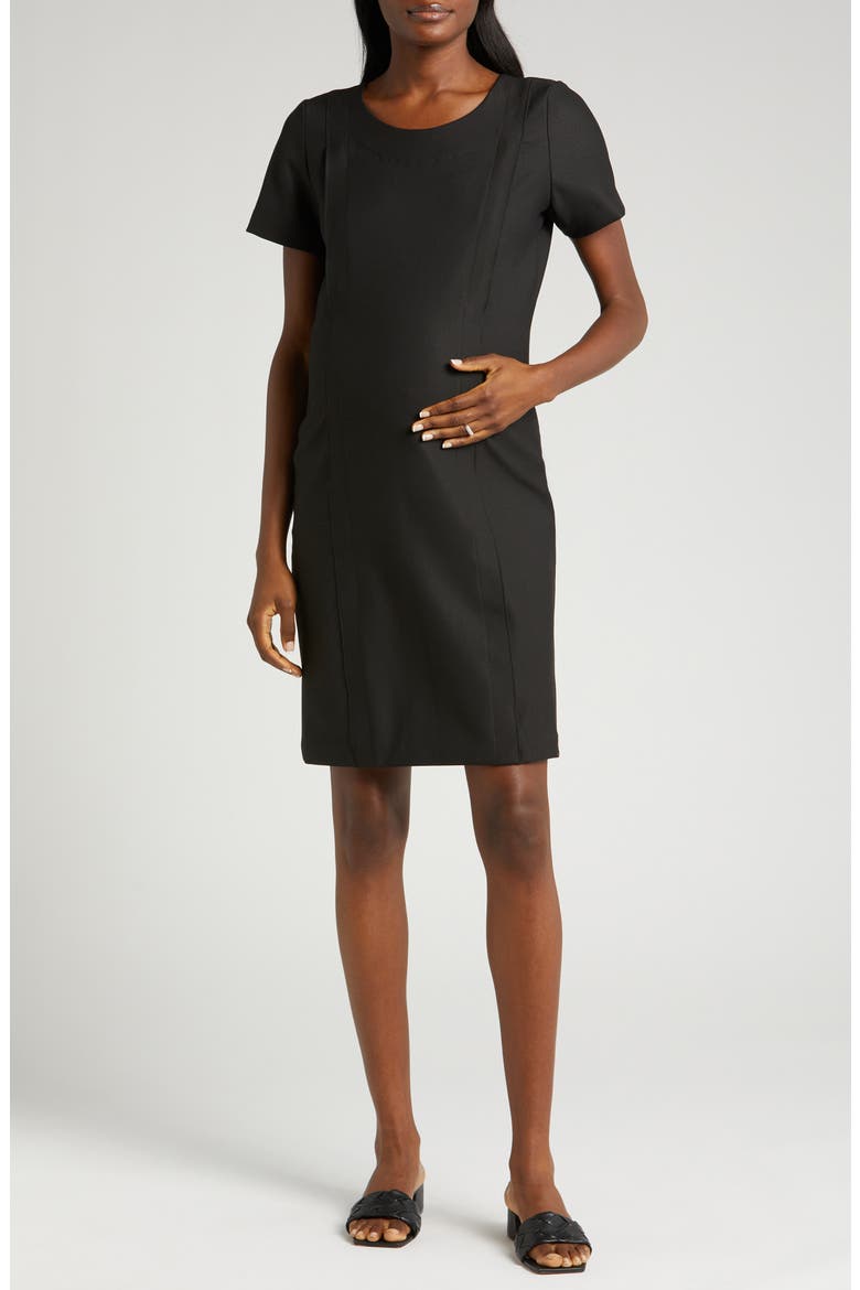 Women's Short Sleeve Knee Length Maternity & Nursing Dress in Italian Stretch Suiting Fabric, Main, color, BLACK
