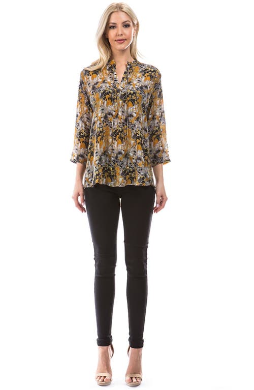 Apny Print Tassel Split Neck Chiffon Top In Brown