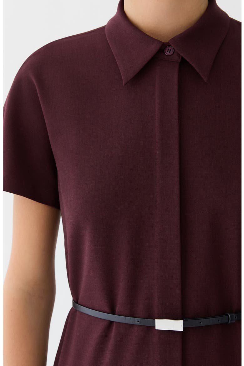 A-Line Pleated Wool Blend Shirtdress with Leather Belt, Alternate, color, BEET MELANGE