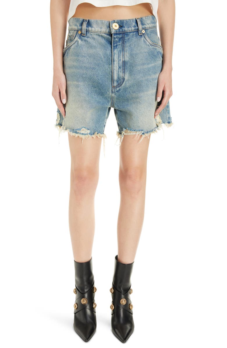 Balmain Loose Fit Raw Edge Cutoff Denim Shorts, Main, color, 