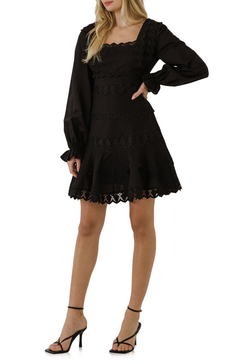 Endless Rose Lace Trim Long Sleeve Cotton & Linen Dress, Alternate, color,
