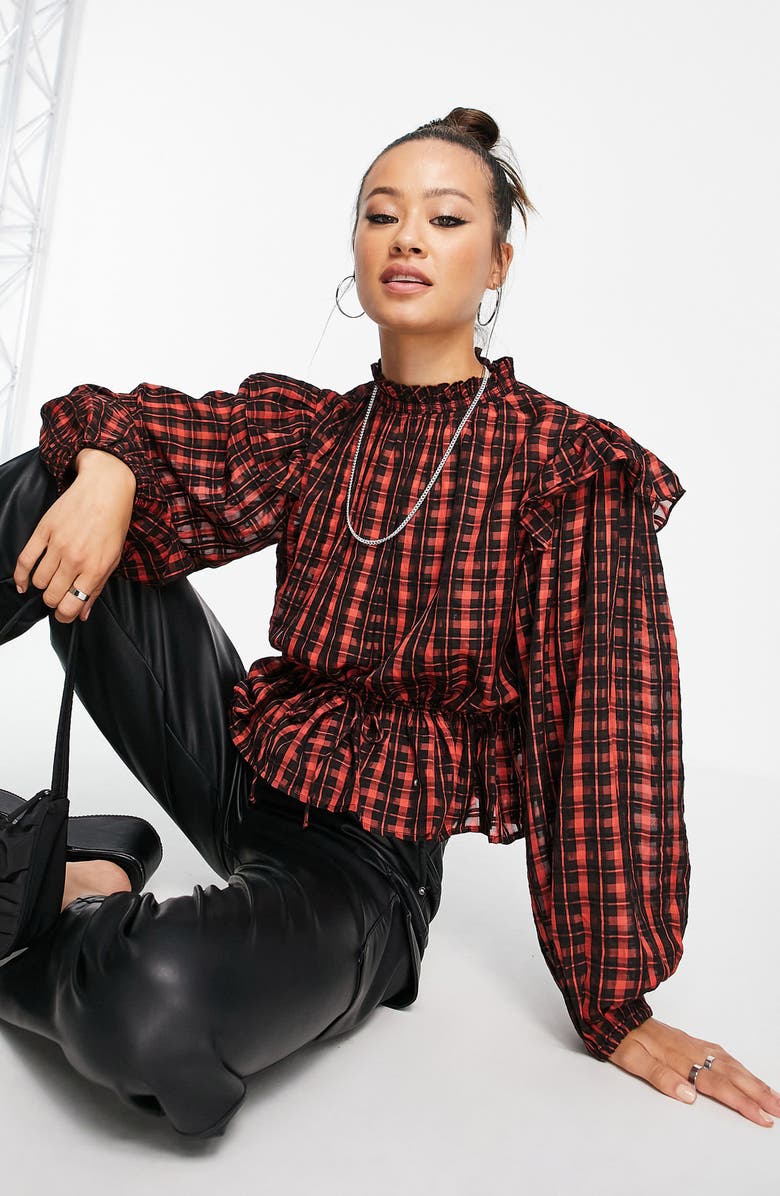 Topshop Check Frill Blouse, Alternate, color, 