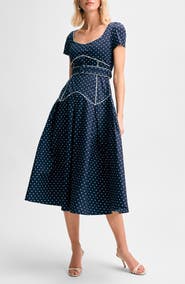off the shoulder fitted dress Fit-and-Flare Tonal Abstract Knit Midi Dress