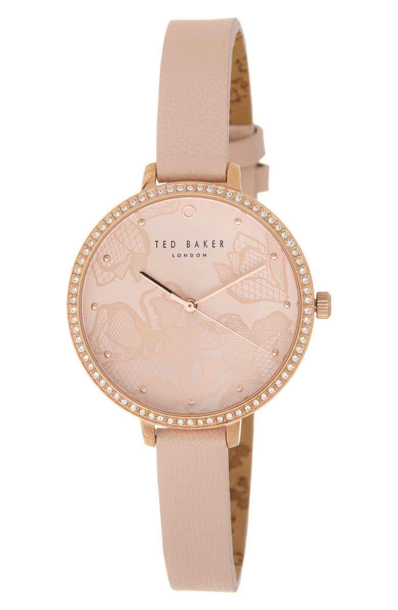 Ted Baker Daisen Crystal Faux Leather Strap Watch, 35mm, Main, color, Rose Gold