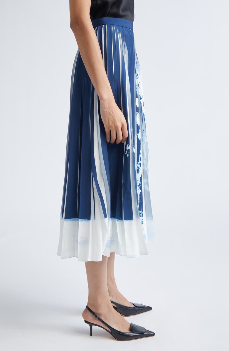 Erdem Pleated Crêpe de Chine Midi Skirt, Alternate, color, Cyanotype Etching Navy