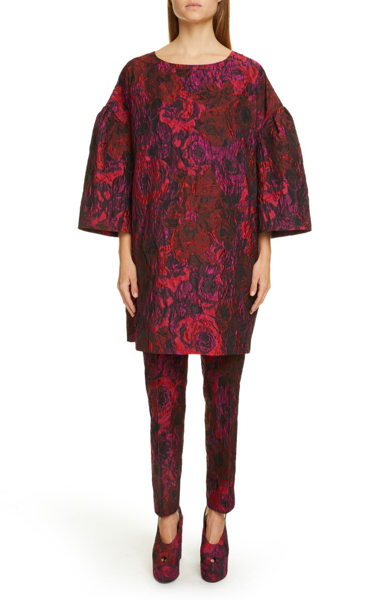 Dries Van Noten Delko Rose Bell Sleeve Cloque Shift Dress, Alternate, color,
