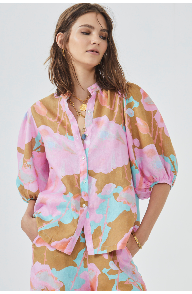 LANHTROPY Bubble Linen Shirt, Alternate, color, Aquarela