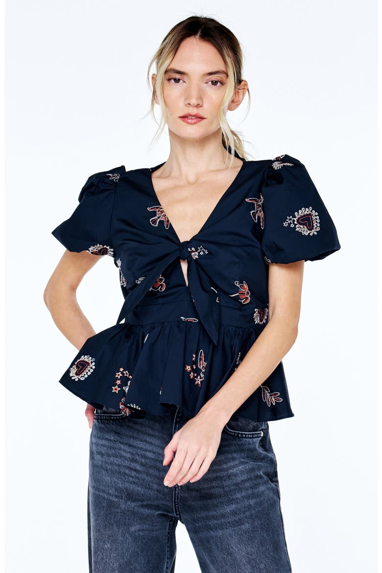Liyana Embroidered Tie Front Peplum Top, Alternate, color, BLACK