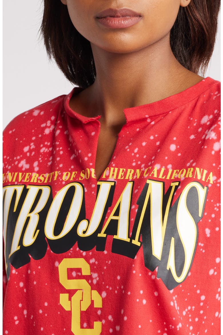 Women's WEAR by Erin Andrews Cardinal USC Trojans Bleach Wash Splatter Cropped Notch Neck T-Shirt, Alternate, color, Cardinal