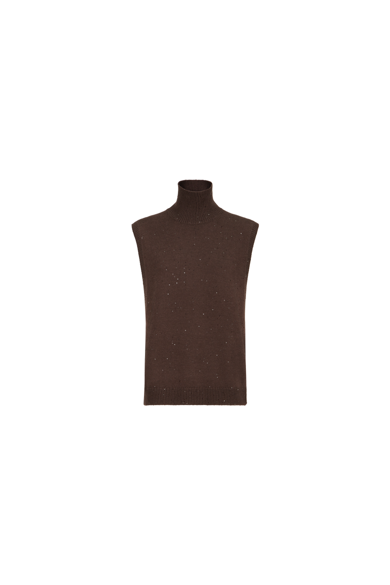 Cashmere and silk Diamond yarn turtleneck sweater vest, Alternate, color, Brown
