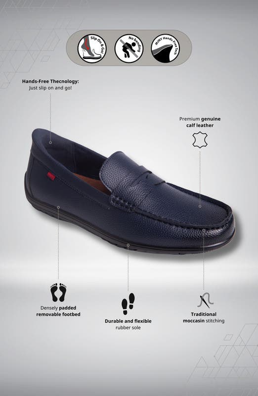 Marc Joseph New York John Street Hands Free Technology Leather Penny Loafer, Alternate, color, Navy Grainy Leather