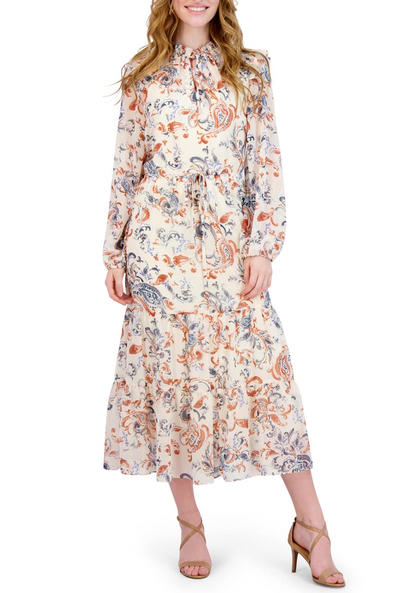 Floral Print Long Sleeve Midi Dress, Main, color, IVORY MULTI