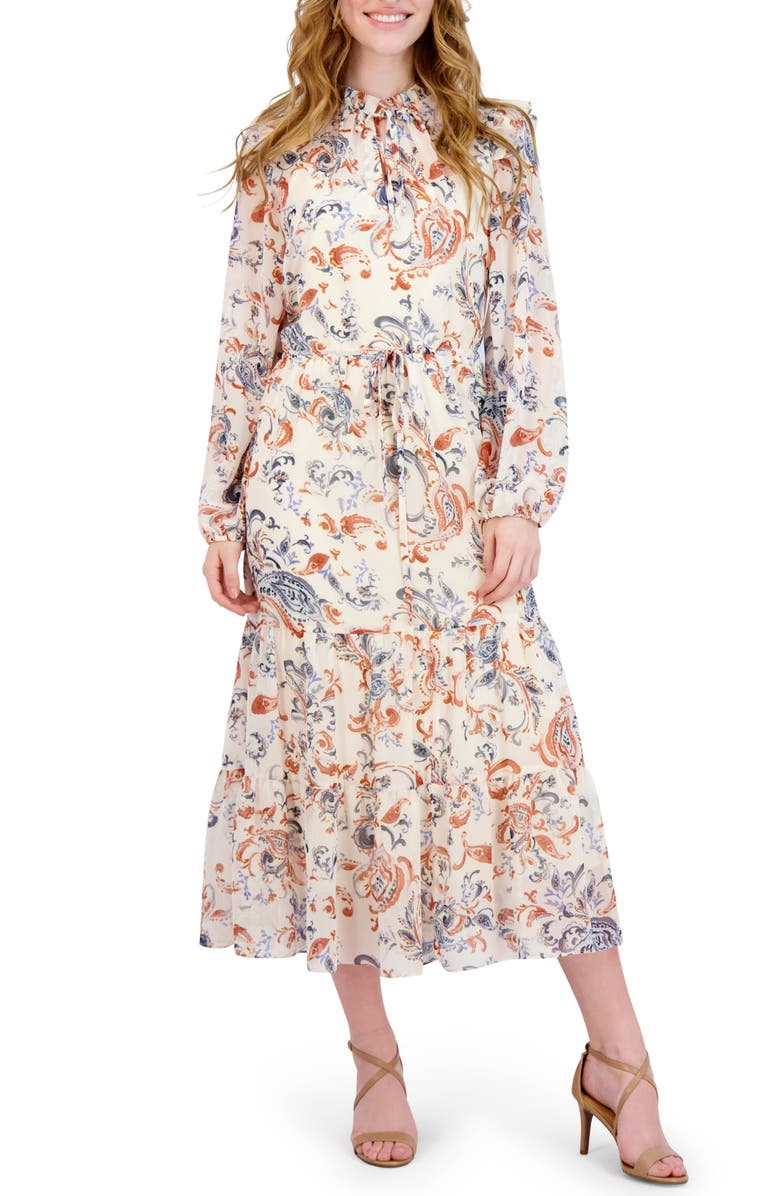 Julia Jordan Floral Print Long Sleeve Midi Dress, Main, color, Ivory Multi