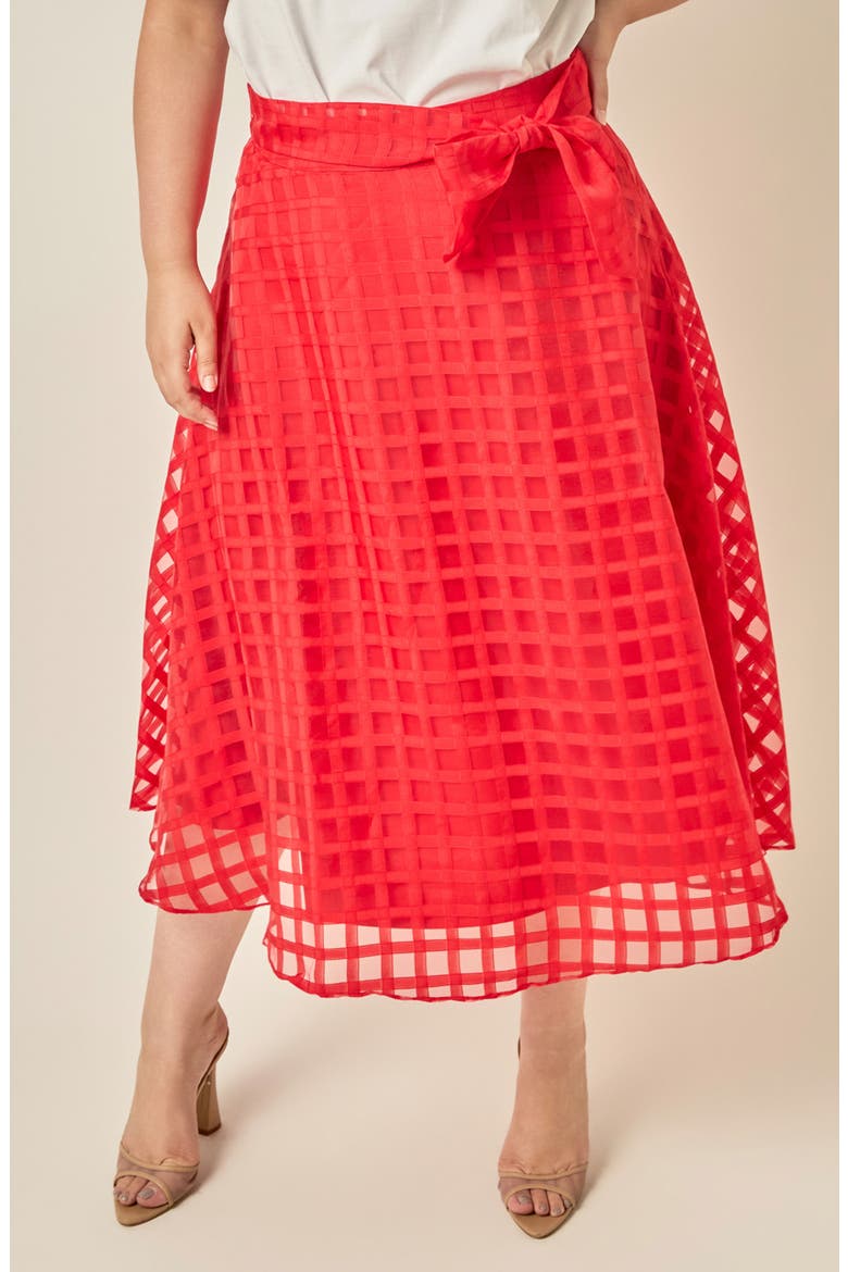 Plaid Organza Fit & Flare Midi Skirt, Main, color, RED