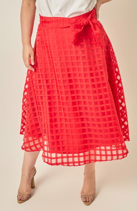 Plaid Organza Fit & Flare Midi Skirt