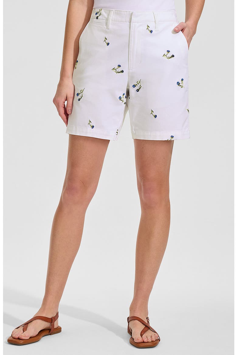 Plus Size Elastic Back Classic 7" Chino Shorts, Main, color, White/Blue Floral Embroidery