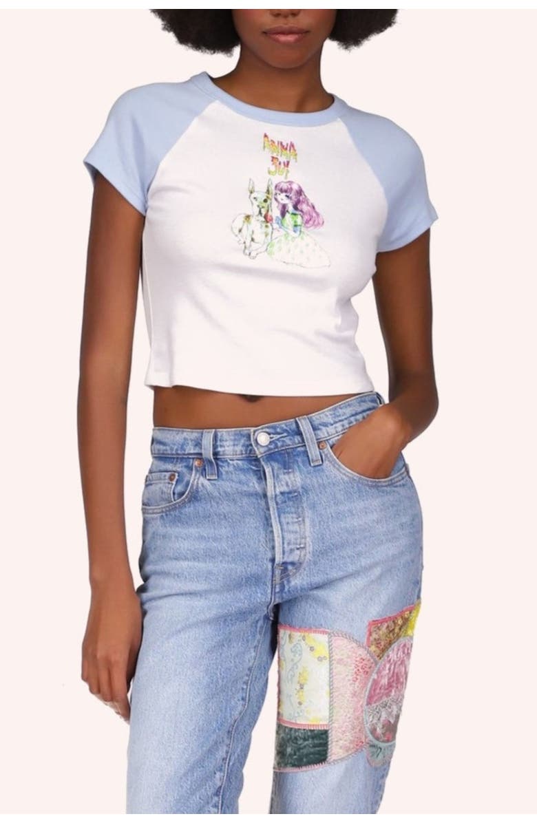 Anna Sui Micro Ribbed Raglan Baby Tee, Alternate, color, Baby Blue/White