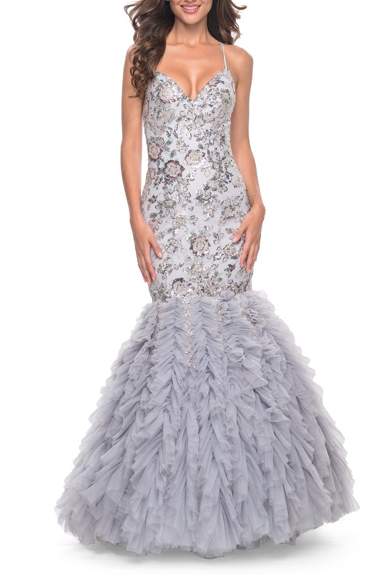 Mermaid Beaded Floral Gown with Ruffle Detailed Skirt, Main, color, Silver