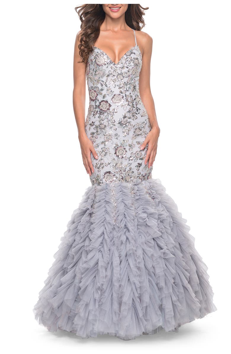 La Femme Mermaid Beaded Floral Gown with Ruffle Detailed Skirt, Main, color, 