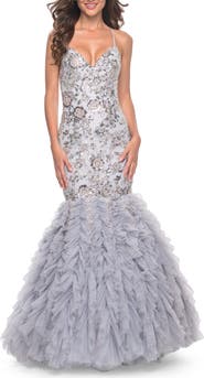 La Femme Mermaid Beaded Floral Gown with Ruffle Detailed Skirt