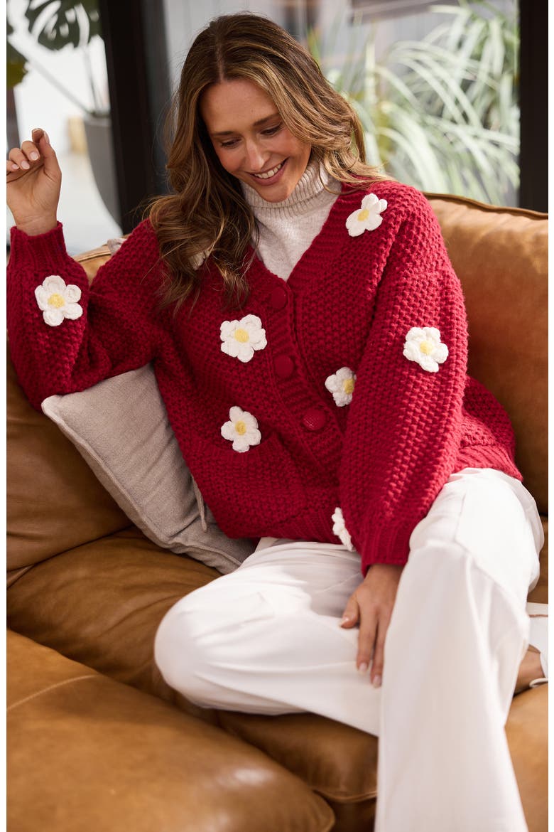 Budburst Crochet Appliqué Knit Cardigan, Alternate, color, CHERRY