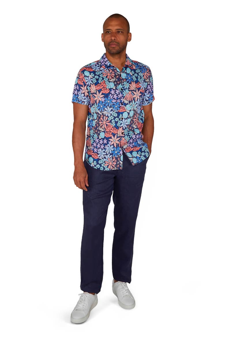 Rough Floral Short Sleeve Fine Linen Shirt, Alternate, color, ROUGH FLORAL NAVY