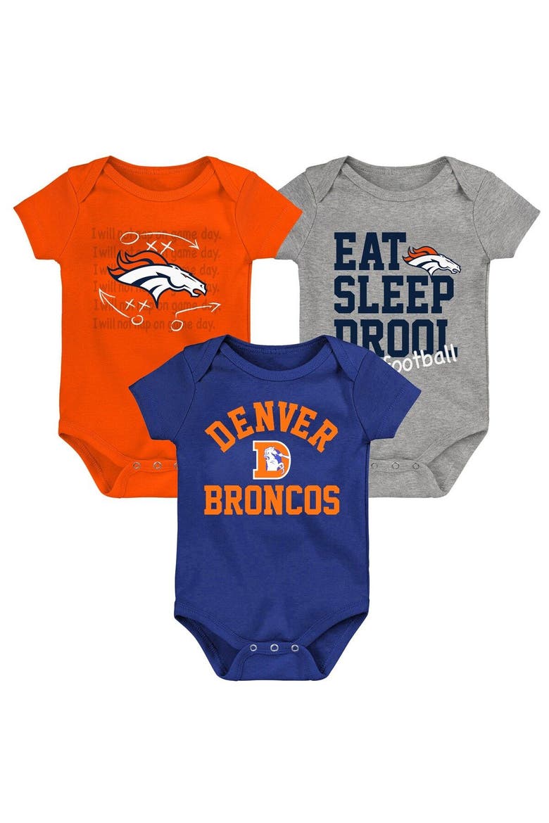 Newborn & Infant Orange/Navy/Heather Gray Denver Broncos Three-Pack Eat, Sleep & Drool Retro Bodysuit Set, Main, color, Orange