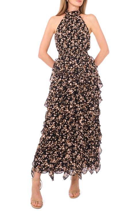 Halter Neck Ruffle Chiffon Maxi Dress