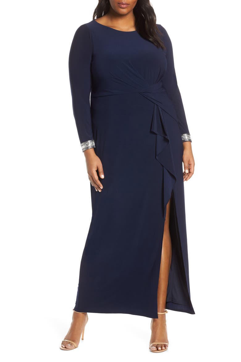 Beaded Cuff Ruched Jersey Gown, Alternate, color, NAVY