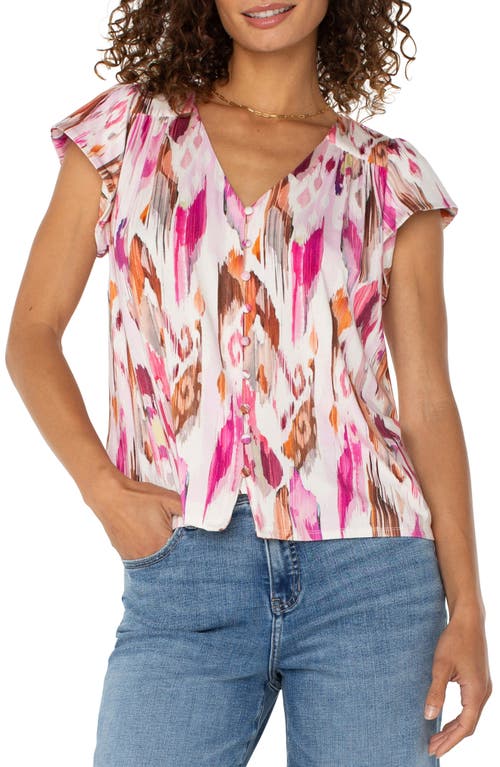 Liverpool Los Angeles Flutter Sleeve Knit Button-up Shirt In Pink Printed Ikat