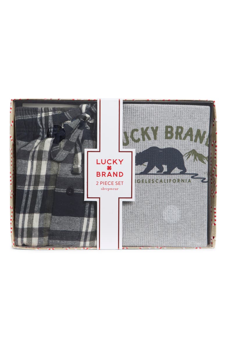 Lucky Brand Long Sleeve Thermal Shirt & Plaid Flannel Pants Pajamas, Main, color, Charcoal Heather Grey/Indigo