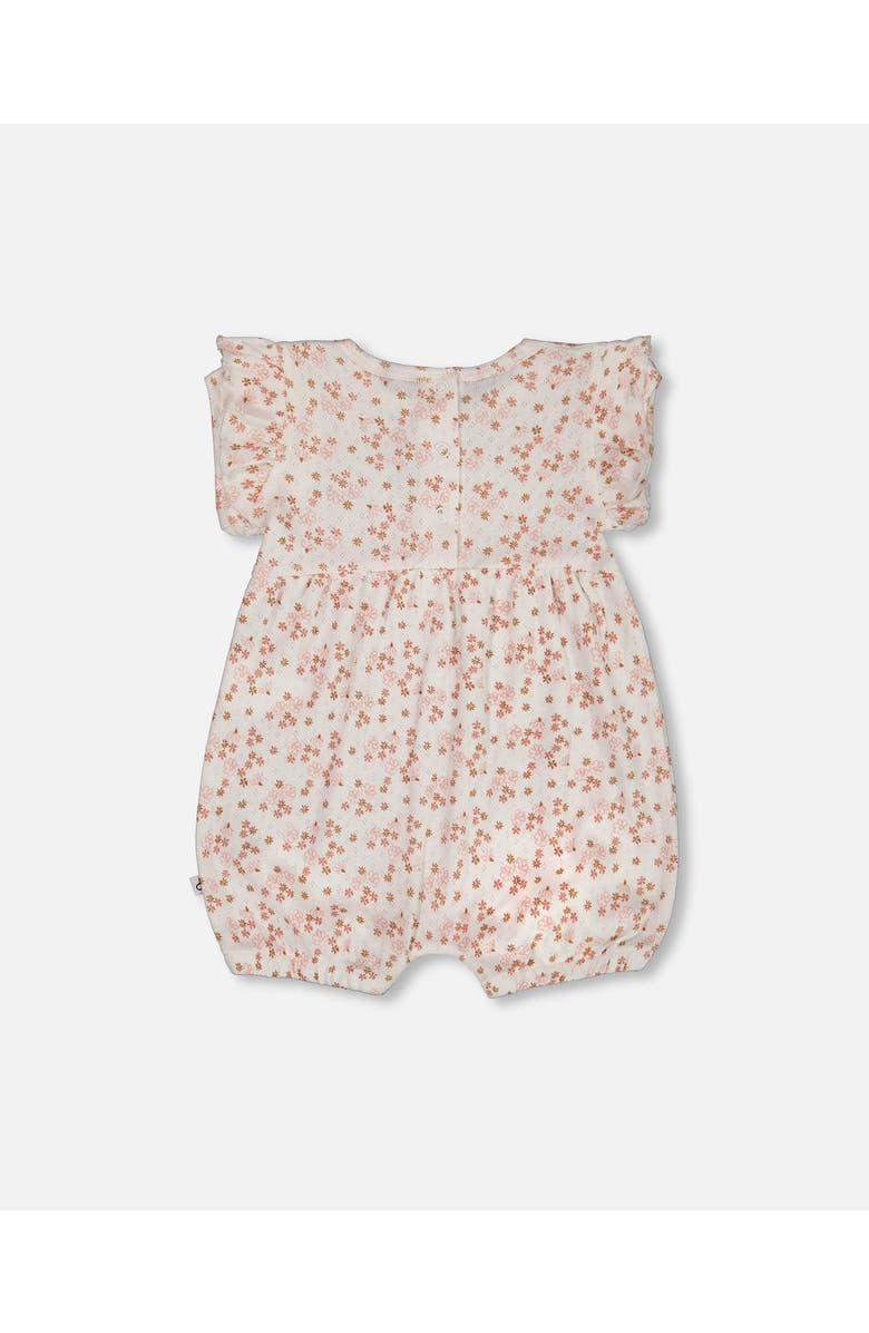 Deux par Deux Baby Girl's Organic Cotton Pointelle Romper With Frills Printed White And Pink Flowers, Alternate, color,