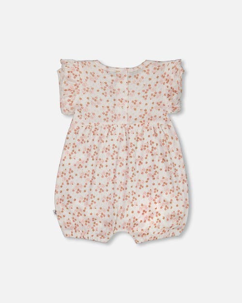Deux Par Deux Baby Girl's Organic Cotton Pointelle Romper With Frills Printed White And Pink Flowers In White With Pink Flowers