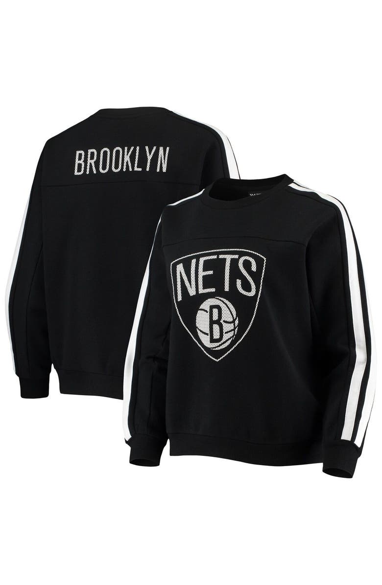 THE WILD COLLECTIVE Women's The Wild Collective Black Brooklyn Nets Perforated Logo Pullover Sweatshirt, Main, color, Black
