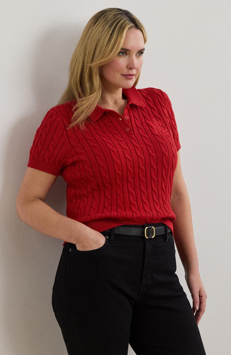 Lauren Ralph Lauren Short Sleeve Cable Knit Cotton Polo Sweater, Alternate, color, Madison Red