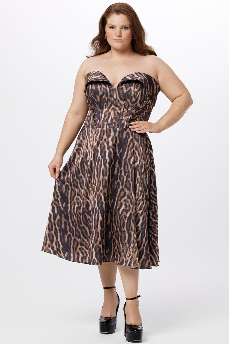 Strapless Animal Print Plus Size Tea Length Dress, Main, color, Animal Print
