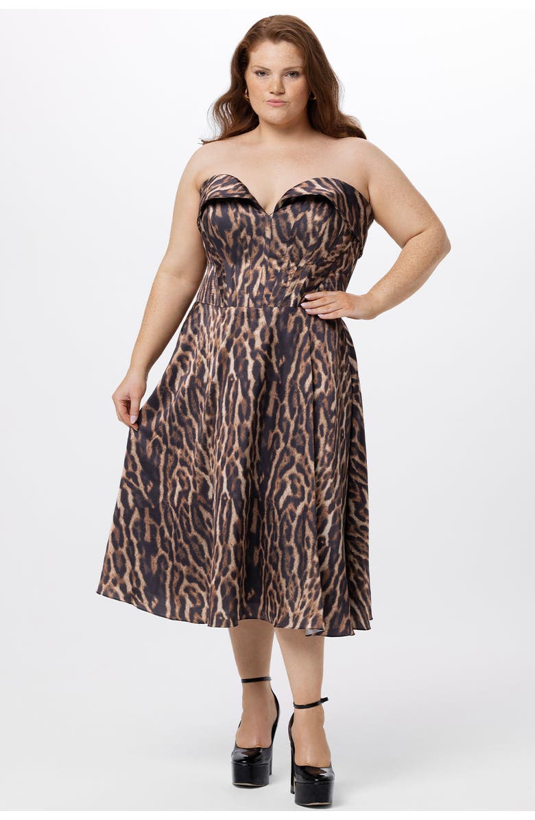 Celebrations by Sydney's Closet Strapless Animal Print Plus Size Tea Length Dress, Main, color, Animal Print