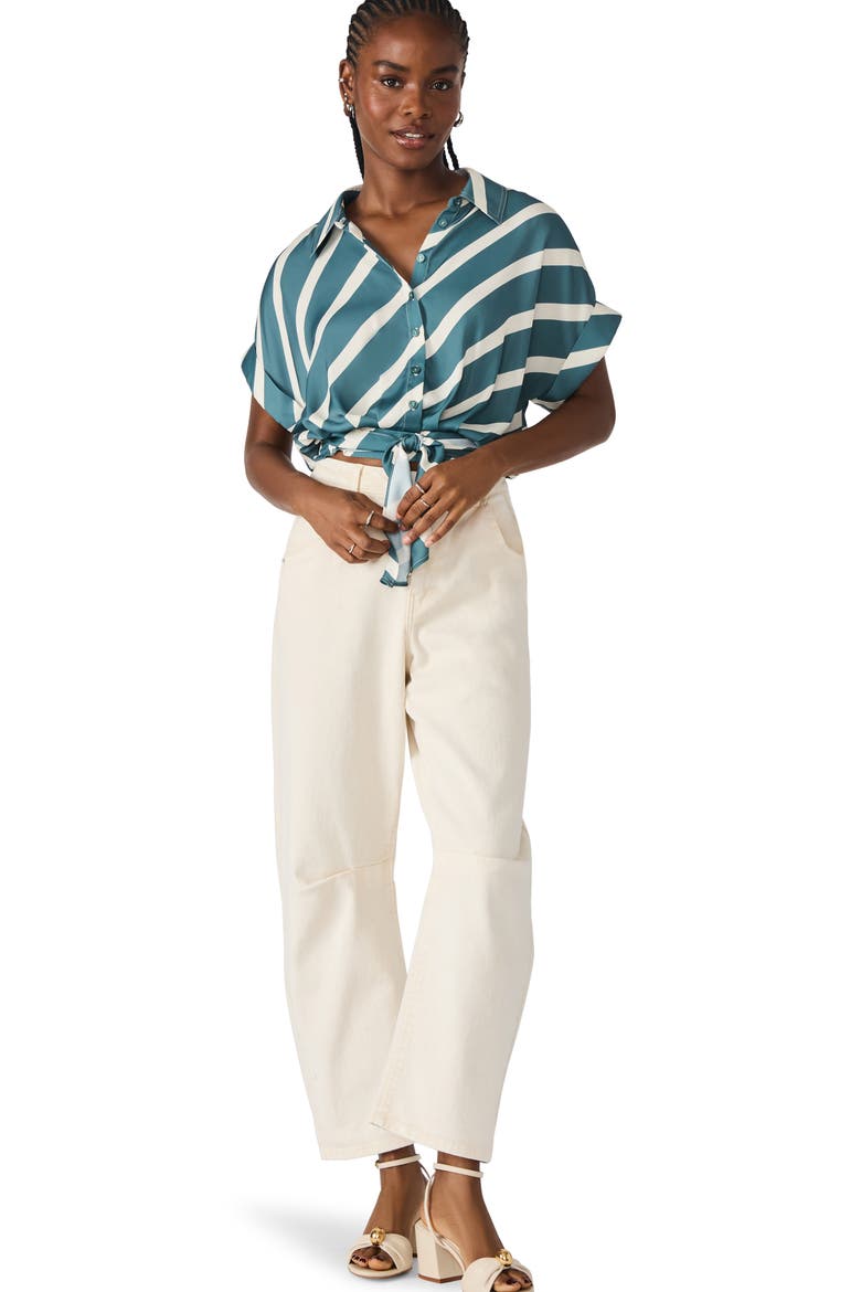 Tori Stripe Short Sleeve Tie Front Shirt, Alternate, color, DUSTY TEAL