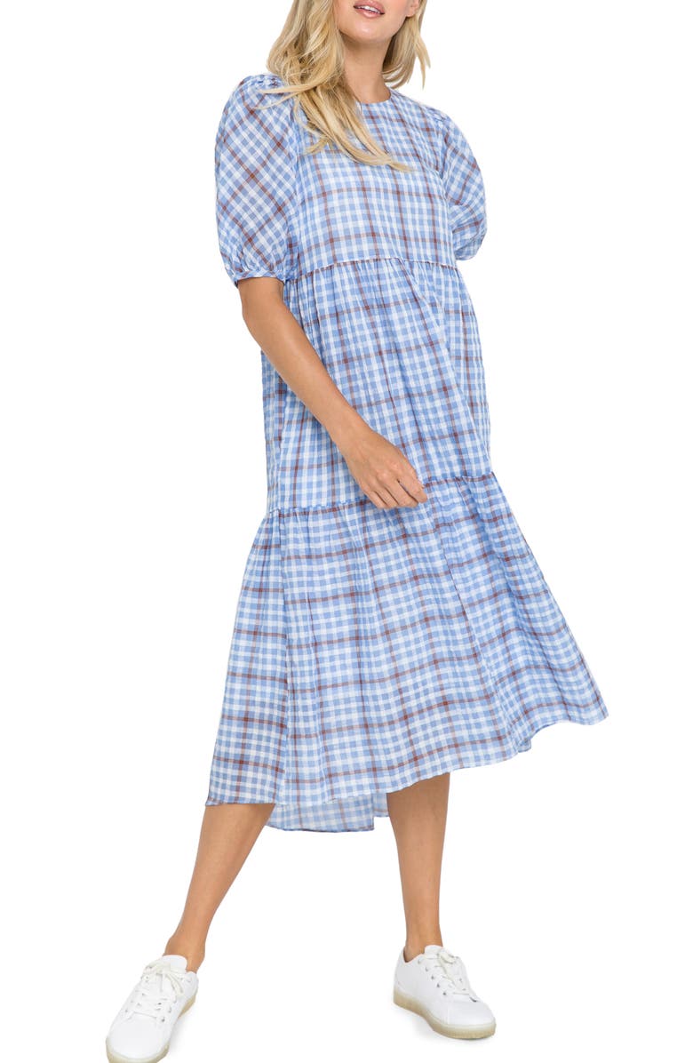 English Factory Check Tiered Midi Dress, Main, color, Blue
