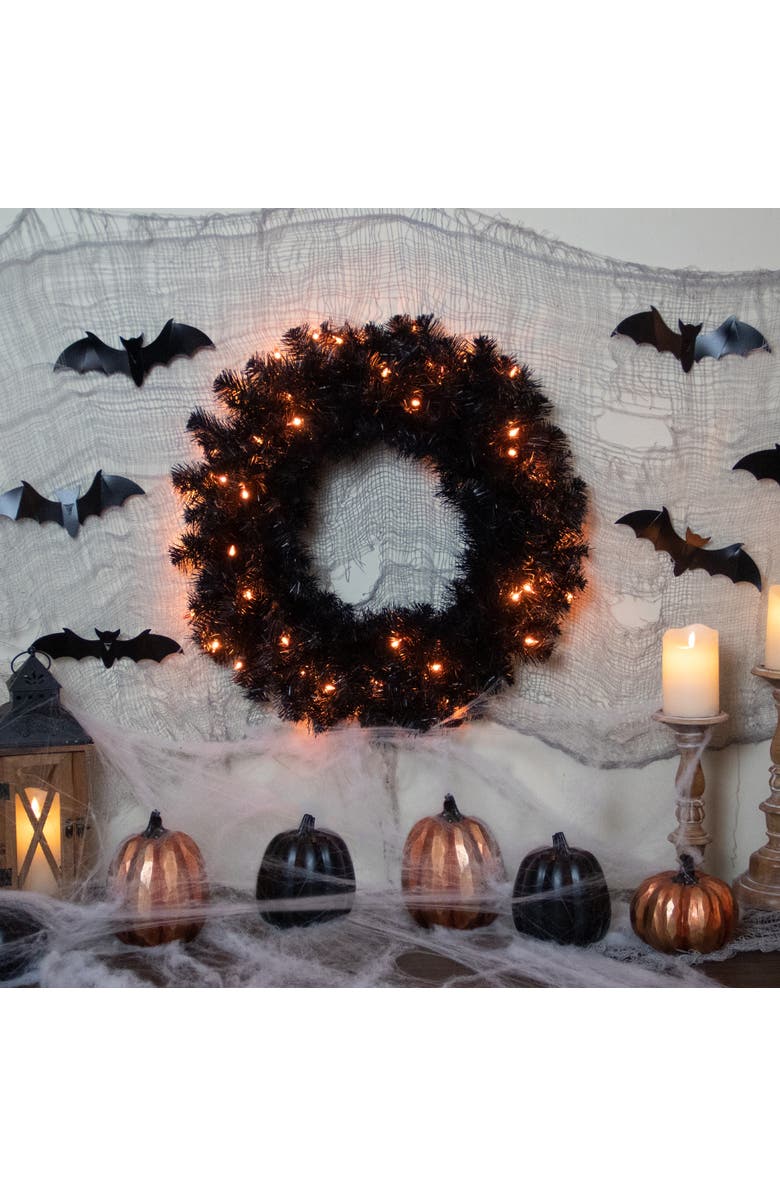 Northlight Pre-Lit Noble Spruce Artificial Halloween Wreath - 24" - Black - Orange Lights, Alternate, color,