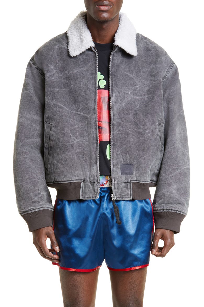 Denim & Faux Shearling Bomber Jacket, Main, color, CARBON GREY