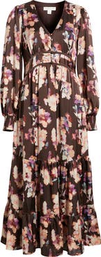 Treasure & Bond Smocked Cuff Long Sleeve Satin Maxi Dress