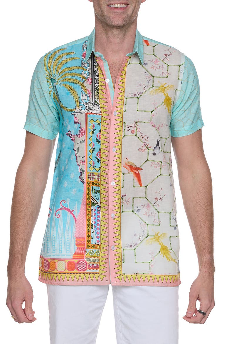 Extra Trim Fit Print Linen & Cotton Camp Shirt, Main, color, GREEN