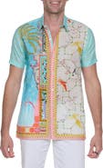 RANEES Extra Trim Fit Print Linen & Cotton Camp Shirt