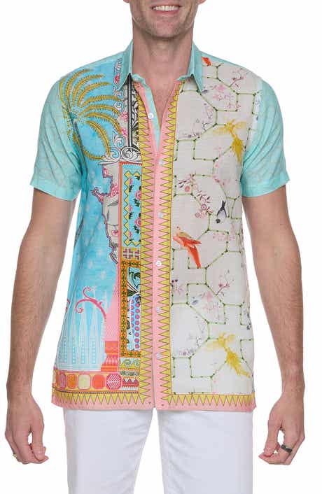 RANEES Extra Trim Fit Print Linen & Cotton Camp Shirt
