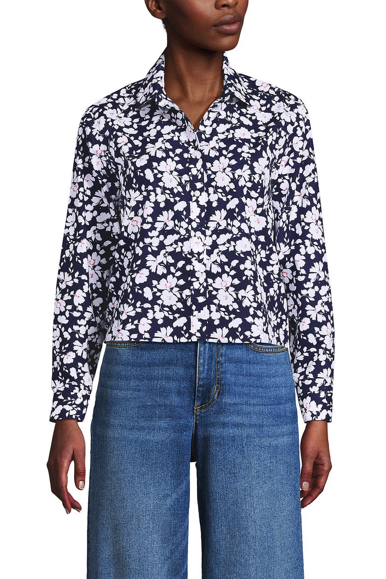 No Iron Boxy Cropped Shirt, Alternate, color, Deep Sea Navy Blossoms