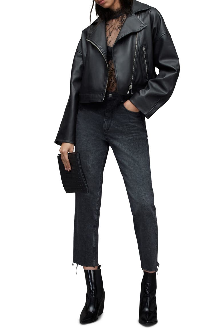 Clarke Boxy Leather Biker Jacket, Alternate, color, BLACK