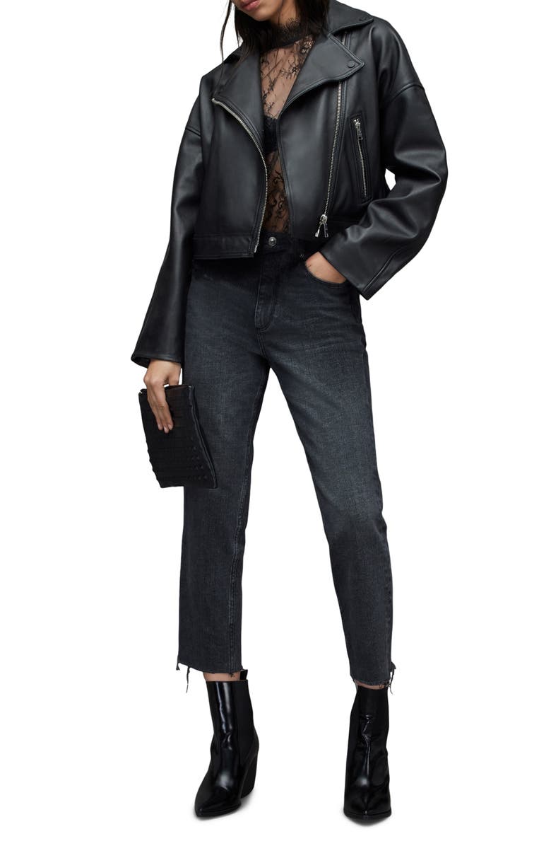 AllSaints Clarke Boxy Leather Biker Jacket, Alternate, color,