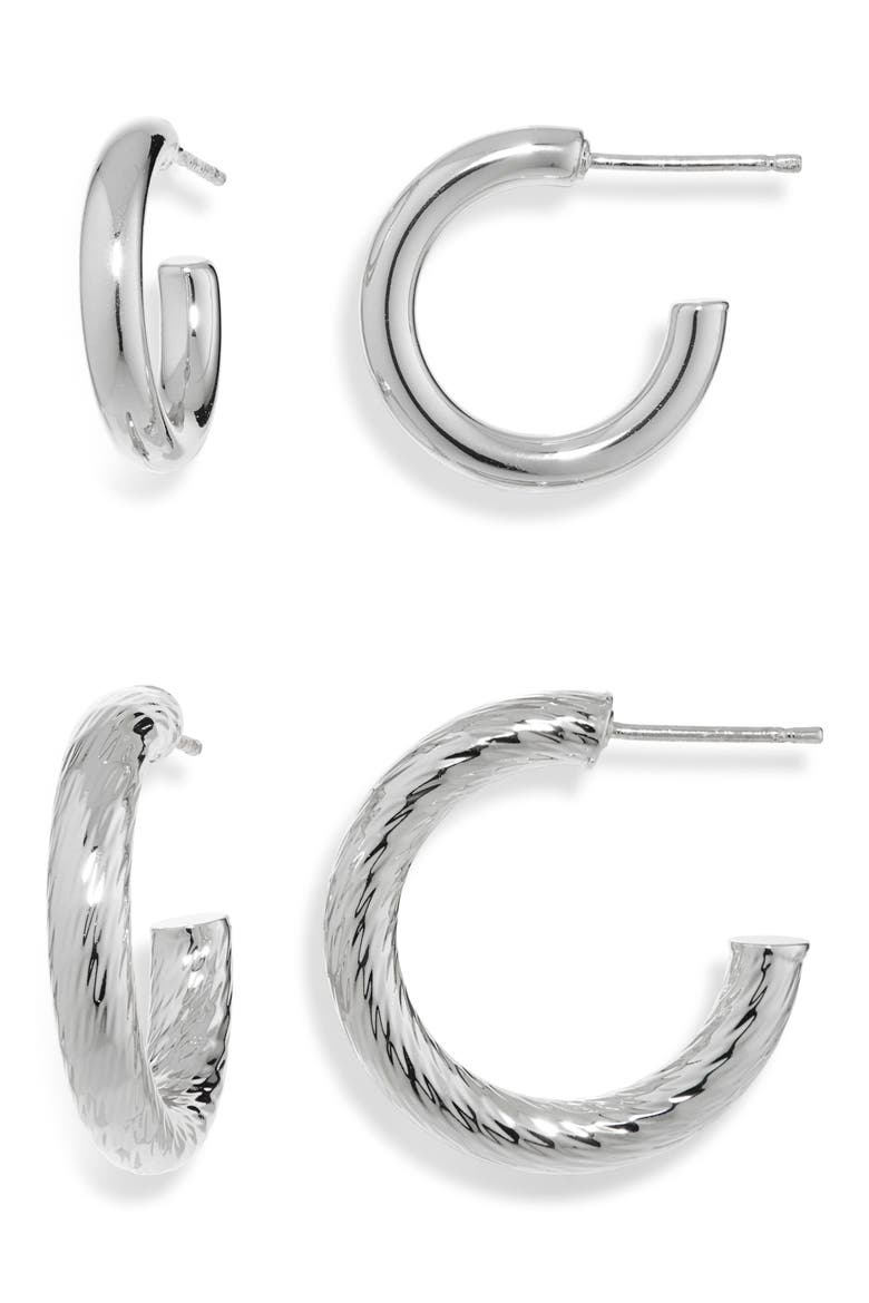 Set of Two Hoop Earrings, Main, color, SILVER